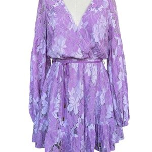 Here Comes The Sun Lavender Lace Mini Dress with Tie Waist Spring Summer Size 14